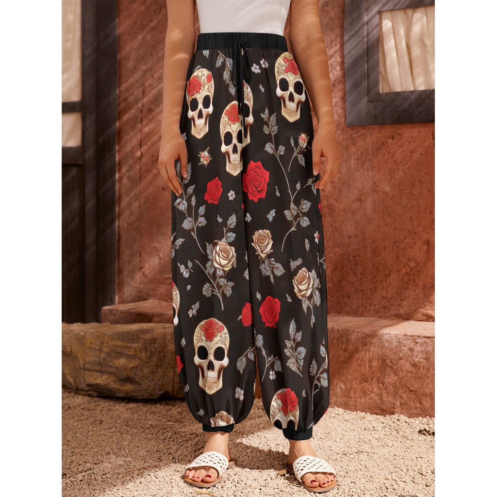 Dark Rose Ritual Harem Trousers – Skull & Roses Gothic Loungewear