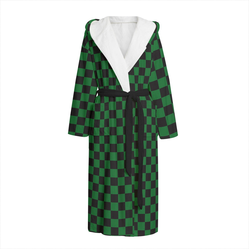 front view green checkered  no model bathrobe dressing gown