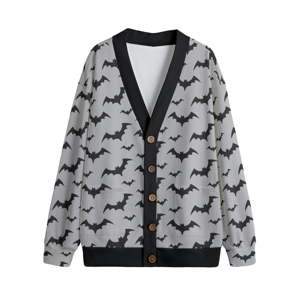 Grey cardigan with black bat print 5 button front shot