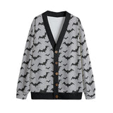 Grey cardigan with black bat print 5 button front shot