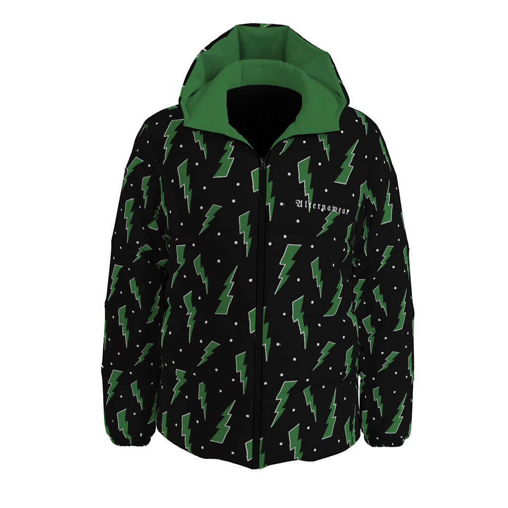 Green Lightening Bolt Print Goth Winter Padded Down Coat Unisex XS to 6XL Plus Size