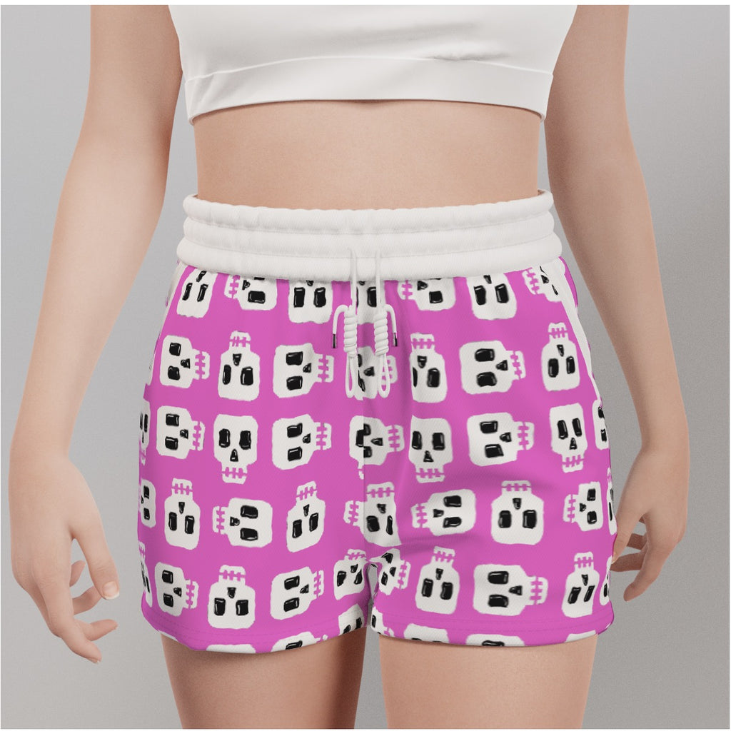 White & Pink Block Skulls Casual Shorts