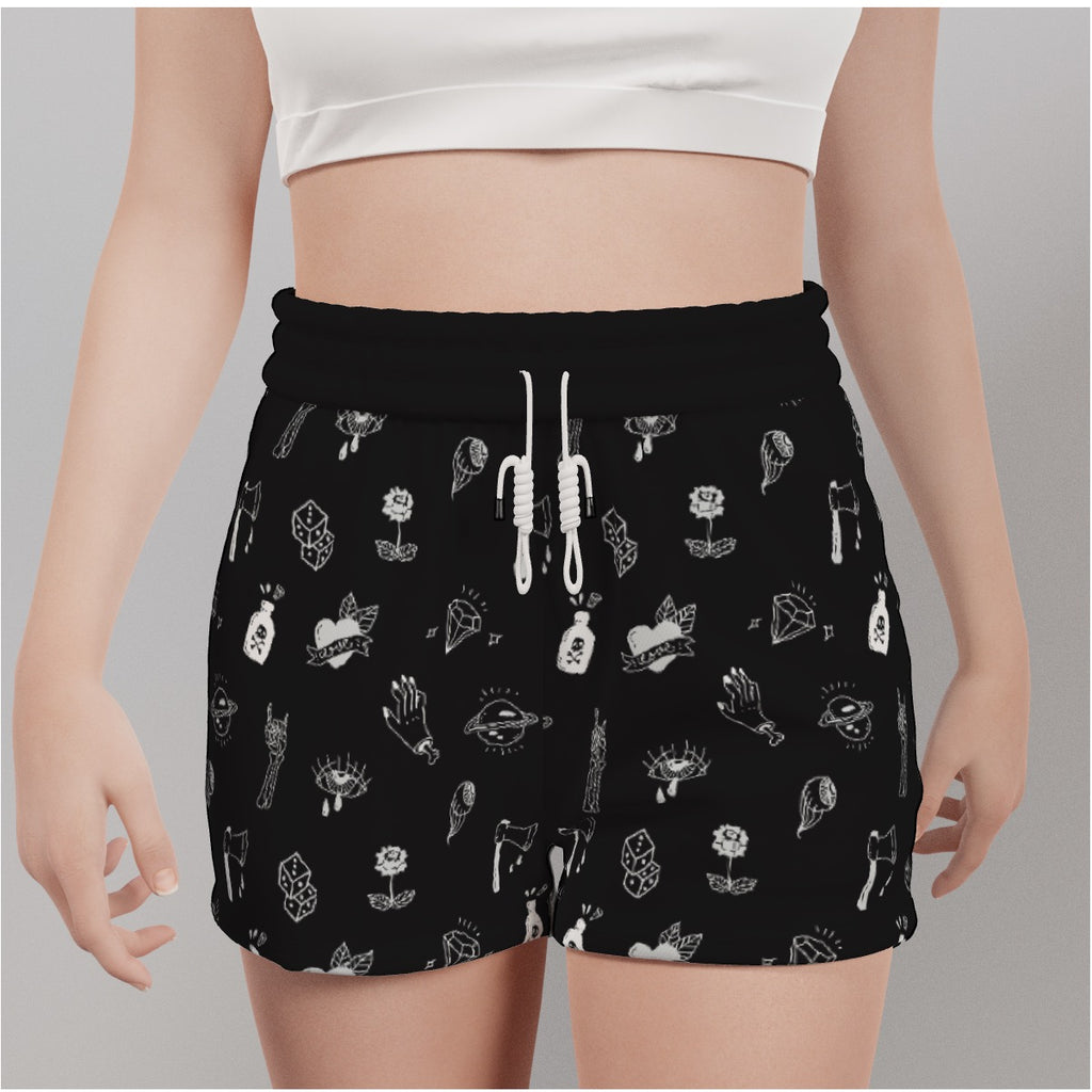 Black and White Doodle Tattoo Punk Casual Shorts
