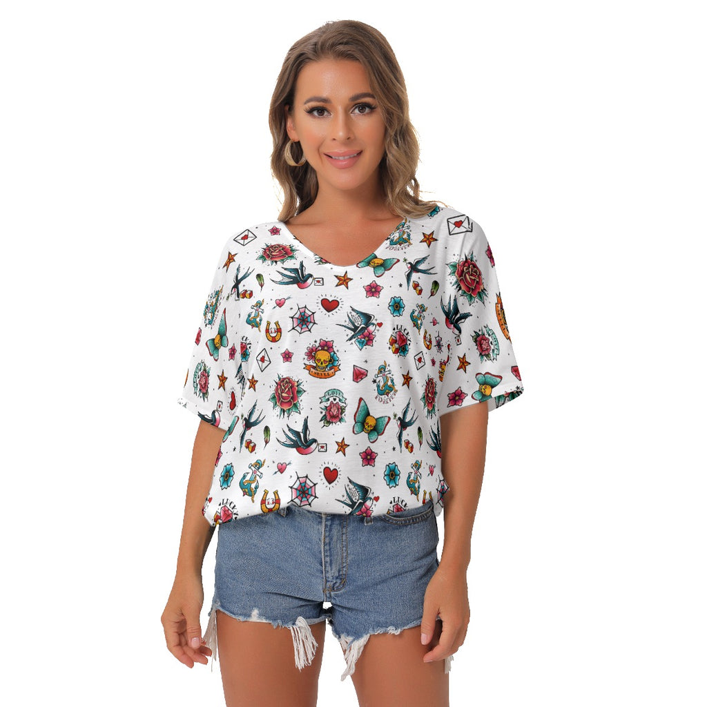 White Retro Tattoo Batwing T-shirt