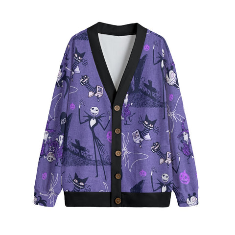 Purple cardigan with 'nightmare before Christmas print' front shot