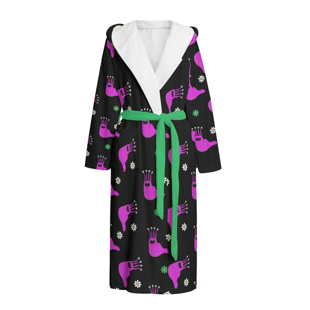 Black dressing gown with a pink Alien Slug print and green belt, white inside -front shot.