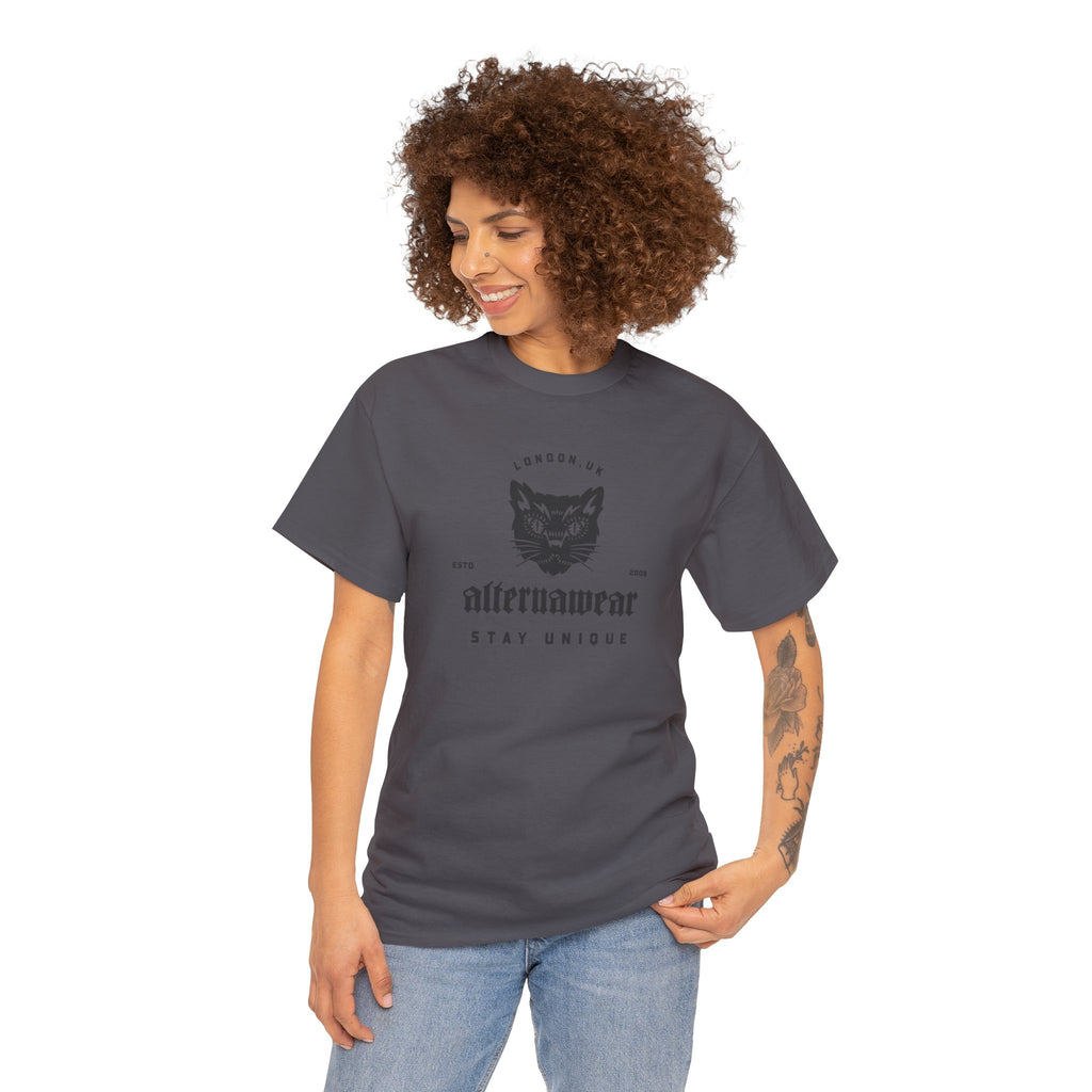 Alternawear Branded 'Stay Unique' T-shirt with Angry Cat logo in Charcoal