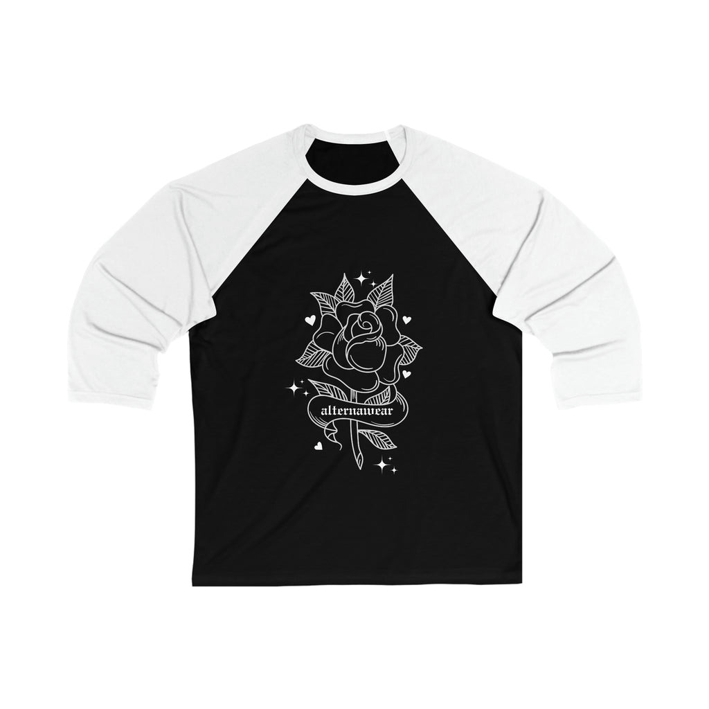 Tattoo Rose Black & White Unisex 3\4 Sleeve Baseball Tee