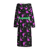 Black dressing gown with pink alien slug print and green belt , show from the back.