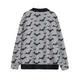 Grey cardigan with black bat print, back shot