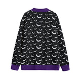 Back print of a bat print cardigan with purple trim and cuffs