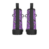 Purple boots with spooky skeleton animal print pattern on a white background by alternawear clothing combat lace up boot back view