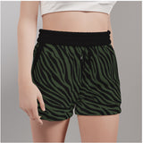 Black shorts with dark green zebra print, slight side on angle shot