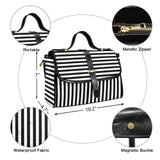 Black and white striped bag designed by alternawear with features highlighted on a white background
