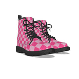 side view of Pink checkered combat alternative boots by alternawear clothing with black laces on a white background