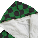 front view green checkered close up hood no model bathrobe dressing gown
