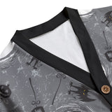 grey cardigan with black colour collar, zoomed in shot