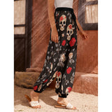 Skull and Roses Alternative Casual Unisex Harem Pants Trousers
