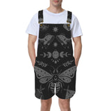 Man wearing unisex Black celestial witchy style shortalls dungaree overalls with gray moth and moon phase pattern on a white background by Alternawear clothing front