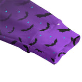 black bats and purple cardigan sleeve close up with  teal coloured mini hearts