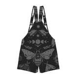 Black celestial witchy style shortalls dungaree overalls with gray moth and moon phase pattern on a white background by Alternawear clothing back view