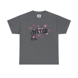 Grey witch with cat t-shirt with pink print with no model, flat lay