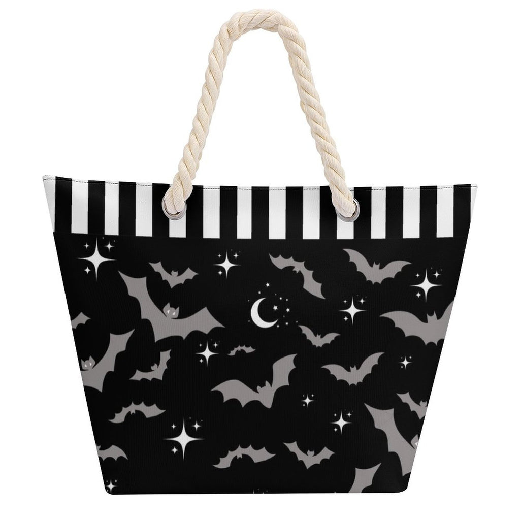 Witchy & Wild – Spooky Bat Print Rope Handle Beach Bag