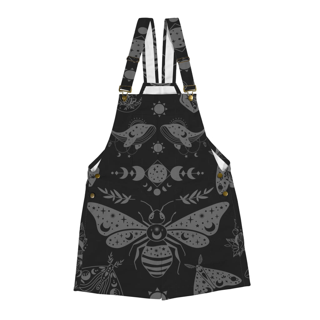 Black celestial witchy style shortalls dungaree overalls with gray moth and moon phase pattern on a white background by Alternawear clothing front