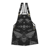 Black celestial witchy style shortalls dungaree overalls with gray moth and moon phase pattern on a white background by Alternawear clothing front