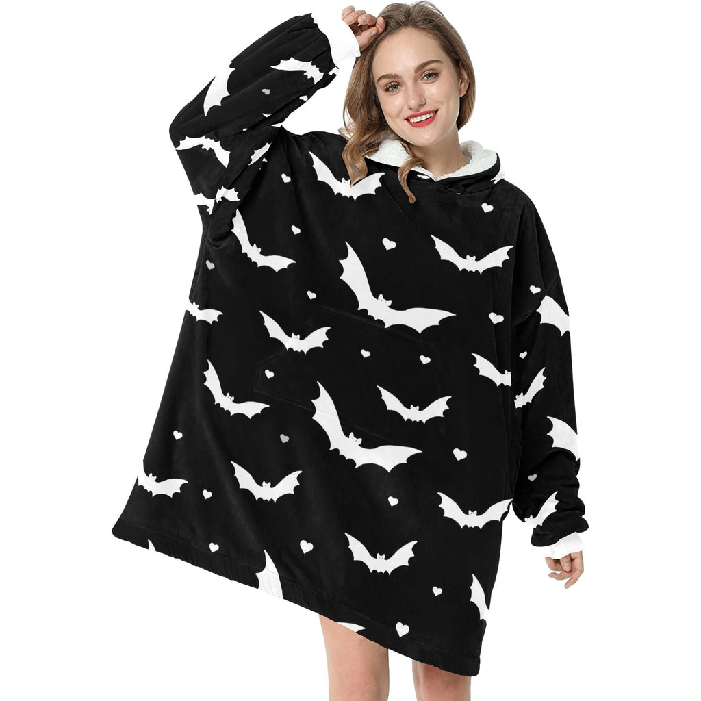 Black & White Bat Print Blanket Hoodie Adults & Kids Sizes
