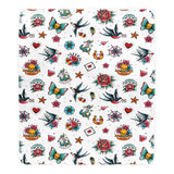 White Retro Tattoo Blanket with Pom Pom Edge Detail Different Sizes