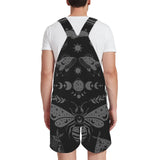 man wearing Black celestial witchy style shortalls dungaree overalls with gray moth and moon phase pattern on a white background by Alternawear clothing back