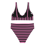 Alternawear back view of the Pink & Black Bikini which is has vertical stripes on the top and horizontal stripes on the bottoms.
