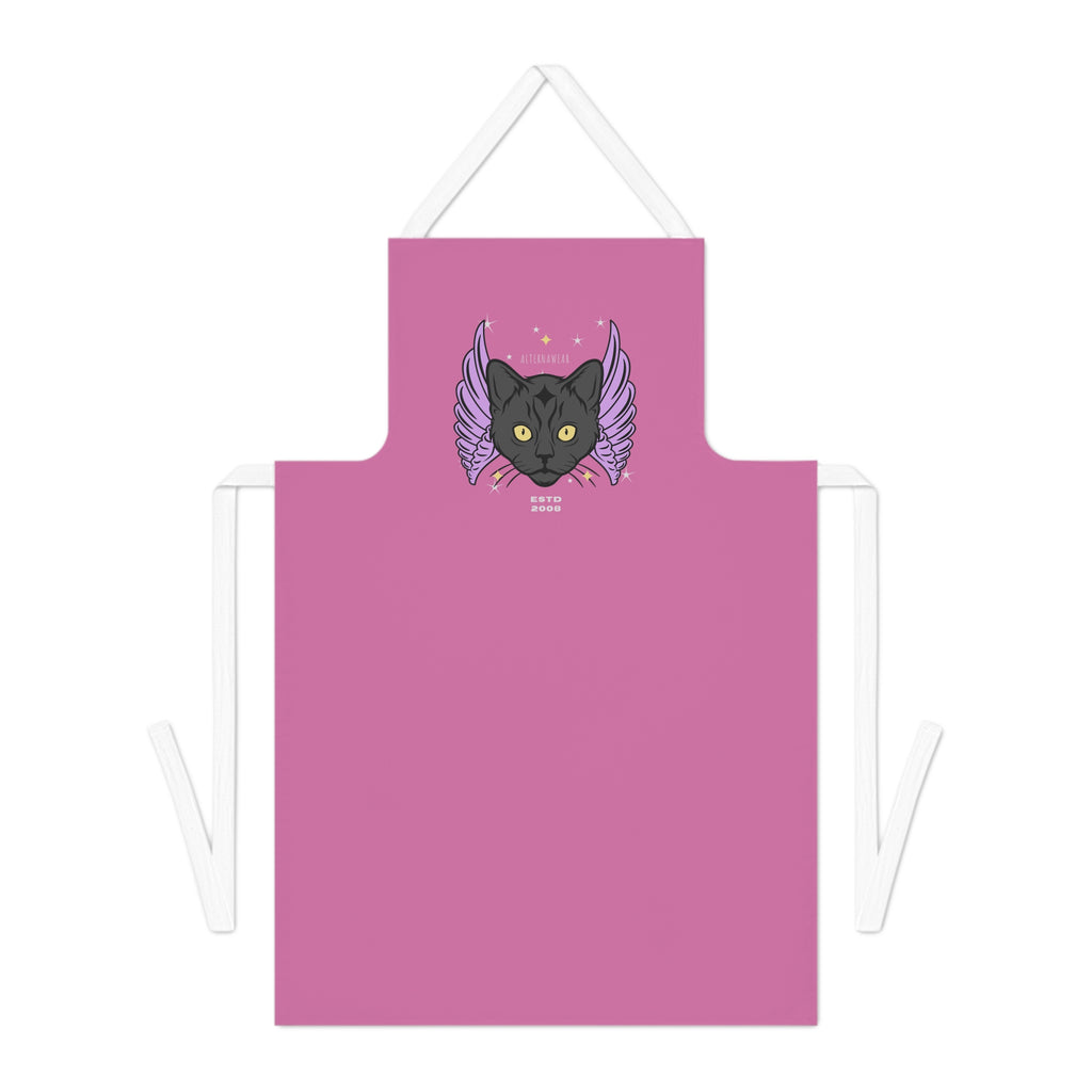The black cat head and the Alternawear logo and date are printed on a pink canvas apron with a white head loop and ties.