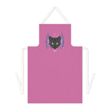 The black cat head and the Alternawear logo and date are printed on a pink canvas apron with a white head loop and ties.