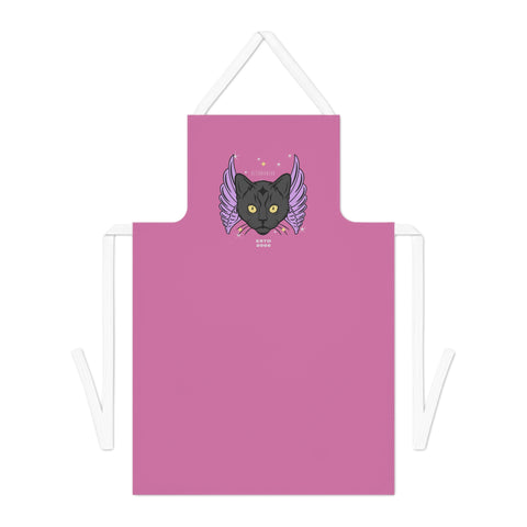 The black cat head and the Alternawear logo and date are printed on a pink canvas apron with a white head loop and ties.