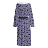 Back shot of the Purple dressing gown with black bat pattern on a white background by Alternawear.
