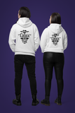 Two models facing away, both wearing white hoodies with the black text 'Til Death Do Us Part' by Alternawear.