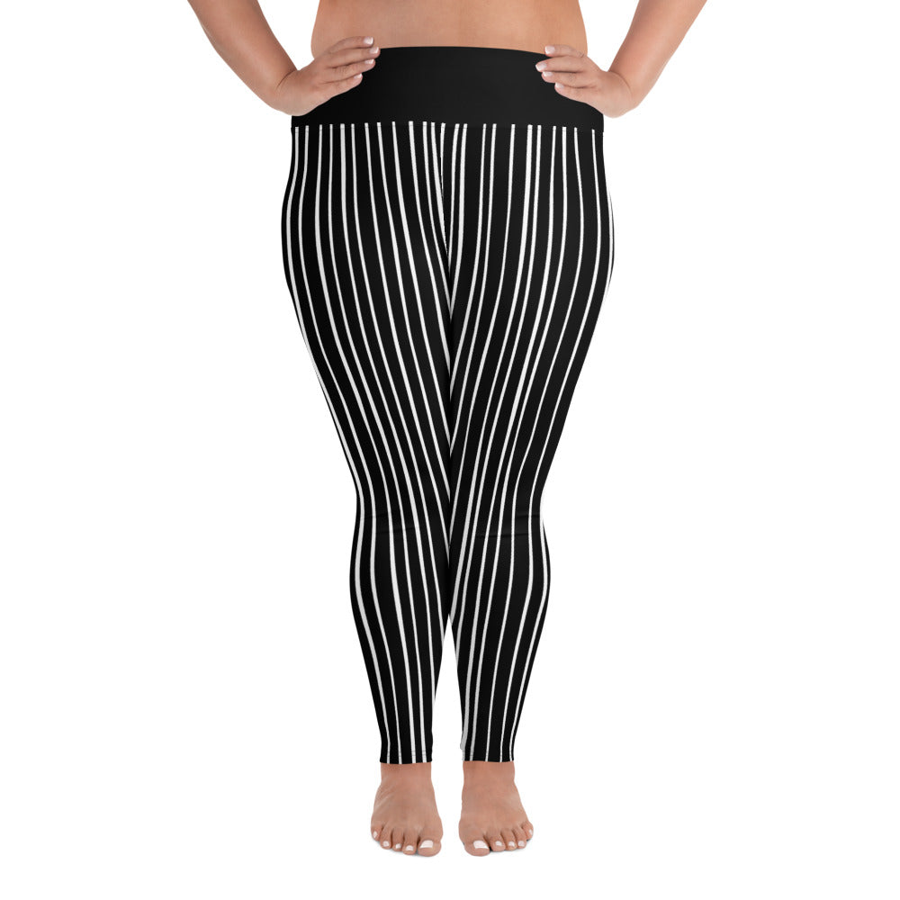 High waisted black with narrow white stripe leggings. These are specifically  for plus size ladies for working out at the gym and home.