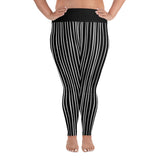 High waisted black with narrow white stripe leggings. These are specifically  for plus size ladies for working out at the gym and home.
