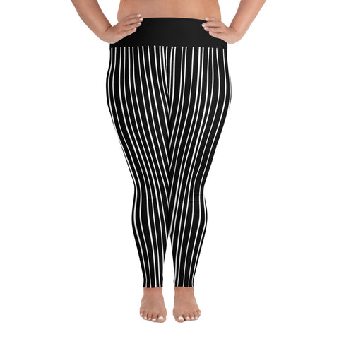 High waisted black with narrow white stripe leggings. These are specifically  for plus size ladies for working out at the gym and home.