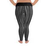 High waisted black with narrow white stripe leggings. These are specifically  for plus size ladies for working out at the gym and home. View on a model from behind.