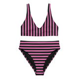 Bikini in black and pink, top has vertical stripes whilst the bottoms have horizontal stripes.