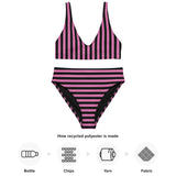 Material data for the the Black & Pink striped bikini by Alternawear, showing how it is made from recycled plastic