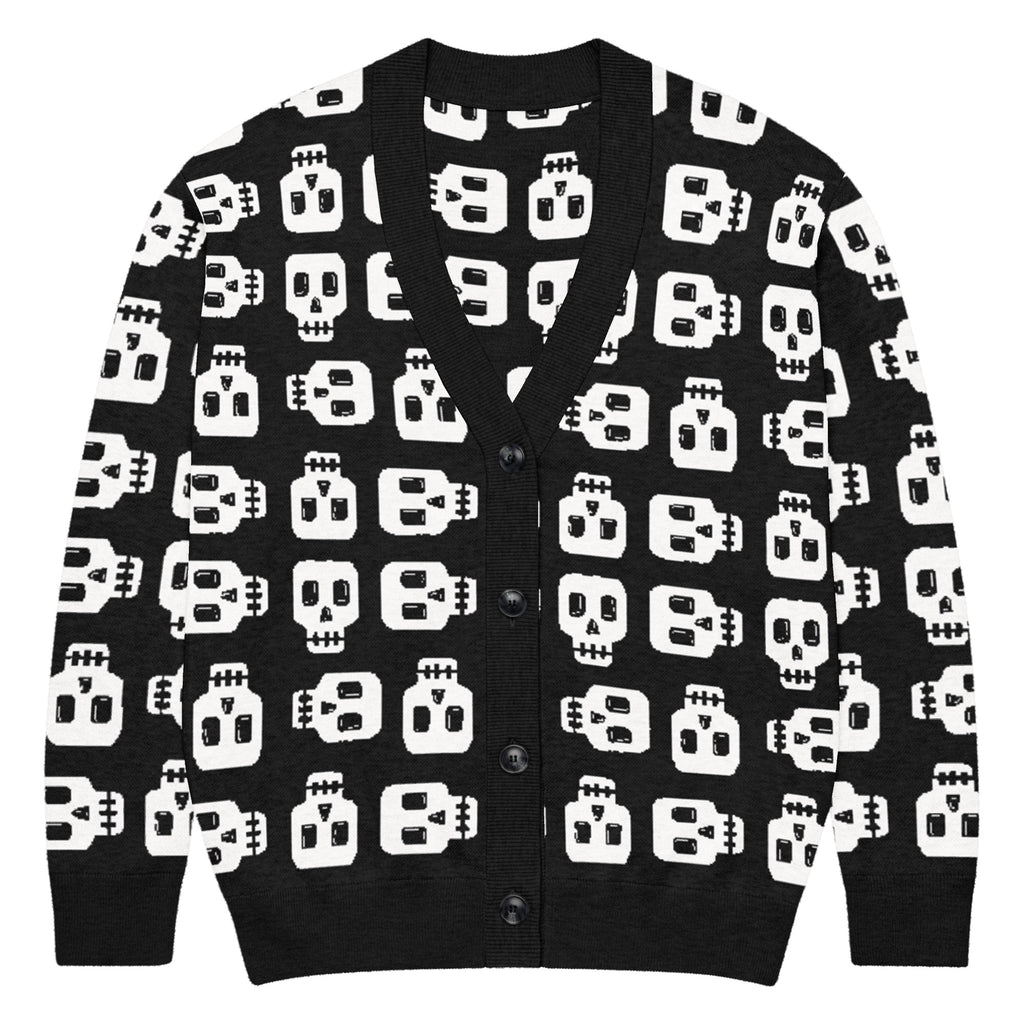 A black woven cardigan with white block skull print by Alternawear. The cardigan is fastened by four black buttons (front view).