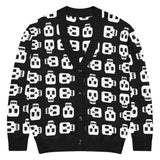 A black woven cardigan with white block skull print by Alternawear. The cardigan is fastened by four black buttons (front view).