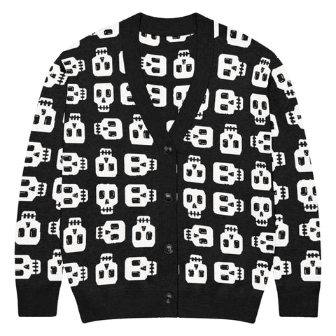 A black woven cardigan with white block skull print by Alternawear. The cardigan is fastened by four black buttons (front view).