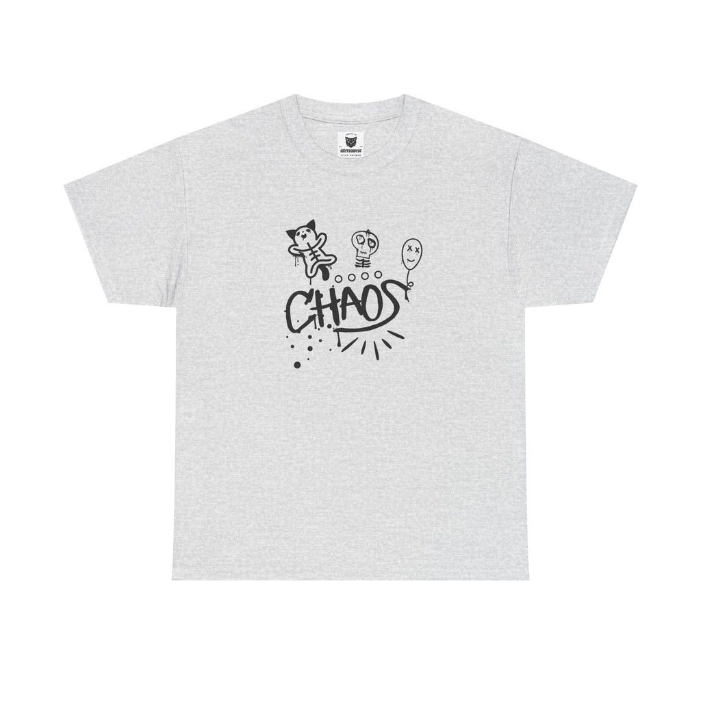 A grey t-shirt with 'CHAOS' text and graphics on it on a white background, by Alternawear.