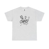 A grey t-shirt with 'CHAOS' text and graphics on it on a white background, by Alternawear.