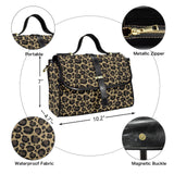 features of the Leopard print satchel by Alternawear, including metallic zipper, top handle, ,magnetic buckle, dimension and waterproof fabric